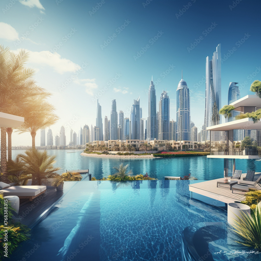 Fototapeta premium Luxury Resort Poolside View, Serene, Dubai Skyline