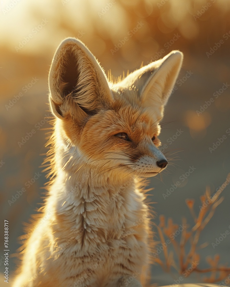 Realistic 3D Fennec Fox in Soft Golden Desert Light, Sunset Dunes, Warm Hues Realistic 3D Fennec Fox in Soft Golden Desert Light, Sunset Dunes, Warm Hues