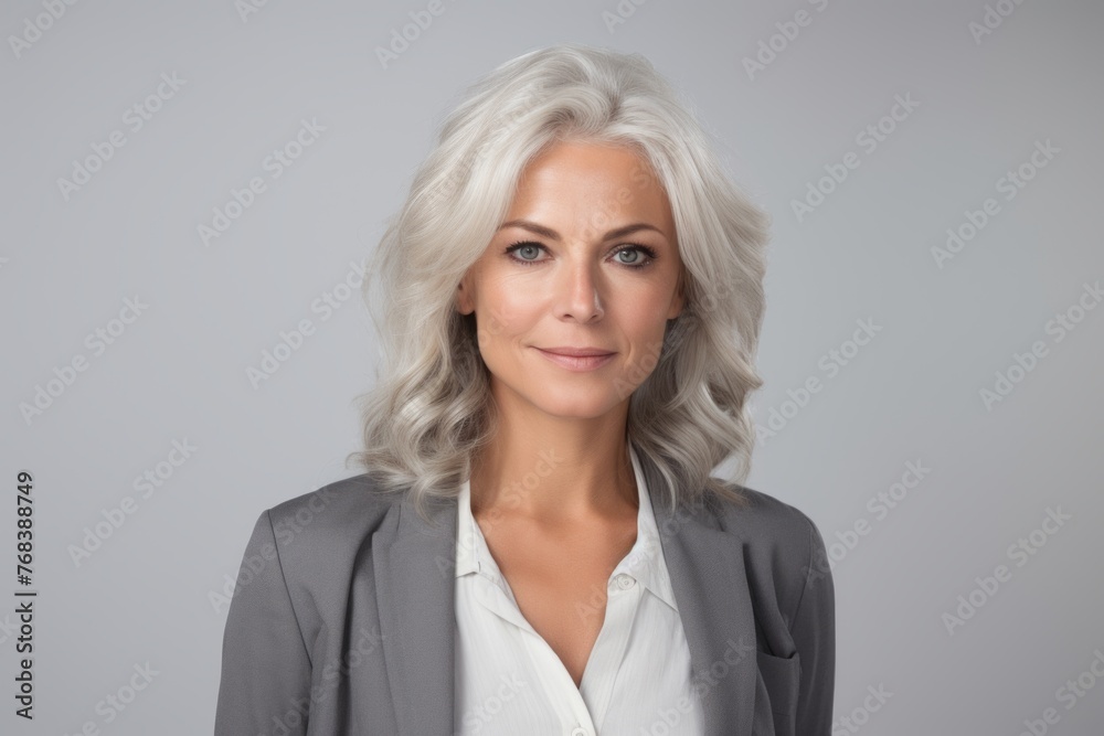 Portrait of a beautiful mature business woman with blonde hair. Isolated on grey background. Portrait of a beautiful mature business woman with blonde hair. Isolated on grey background.