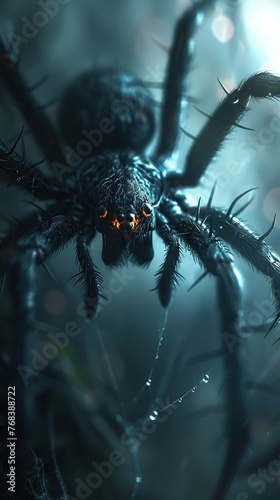 Scary magic spider, venom dripping, 3D render, twilight mist, ominous presence