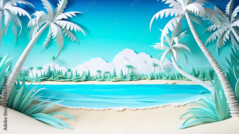 tropical paradise beach scene with white sand in paper cut style