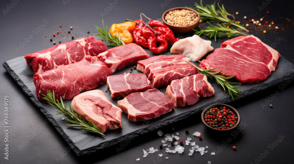 top view of various types of red raw meat cuts on a gray wooden board created with Generative AI Technology