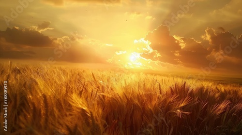 Ripe barley on field in front of sky at sunset photo