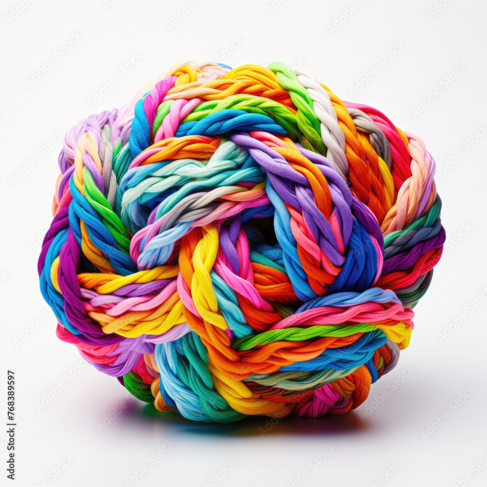 ball of rainbow yarn messy loose thread knots isolated on white background created with Generative AI Technology