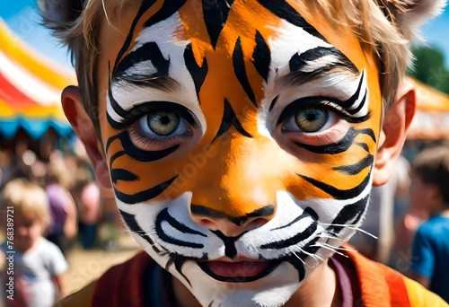  a photo realistic illustration of a young boy with his face painted like a tiger at a county or state fair . CHILD. EXHIBITION.