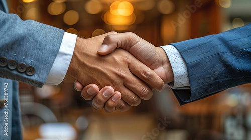 Hand shake. Two business man in suits shaking hands, closeup. Closing a deal or partnership, success and collaboration. 