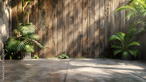 Empty Wooden Plank Wall Surrounded by Lush Greenery