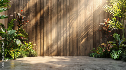 Wooden Plank Wall Against Lush Tropical Background