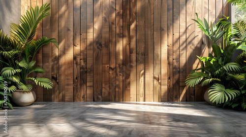  Sunlit Wooden Plank Wall Framing Tropical Oasis