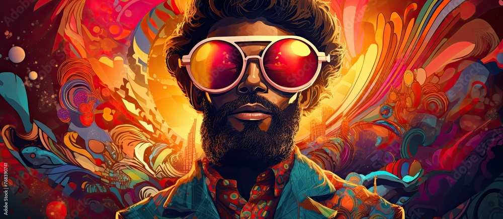 A man sporting sunglasses and a beard looking stylish in a vibrant, colorful shirt