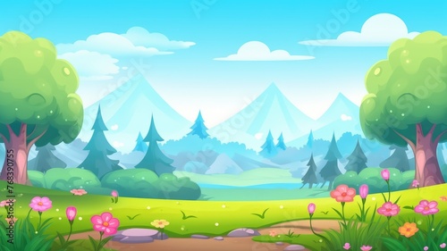 cartoon landscape with rolling hills, blooming flowers, and distant mountains under a clear sky © chesleatsz