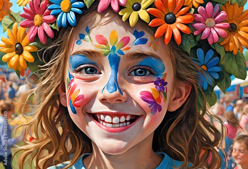 a photo realistic illustration of a young girl with her face painted with flowers and flowers all around at a fair. county fair. exhibition. child. kid a photo realistic illustration of a young girl with her face painted with flowers and flowers all around at a fair. county fair. exhibition. child. kid