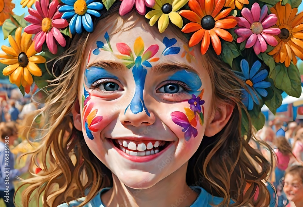 a photo realistic illustration of a young girl with her face painted with flowers and flowers all around at a fair. county fair. exhibition. child. kid