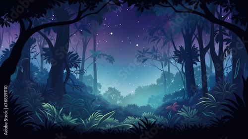 Enchanting cartoon  forest at night with a radiant moon, silhouetted trees, and stars over vibrant foliage © chesleatsz