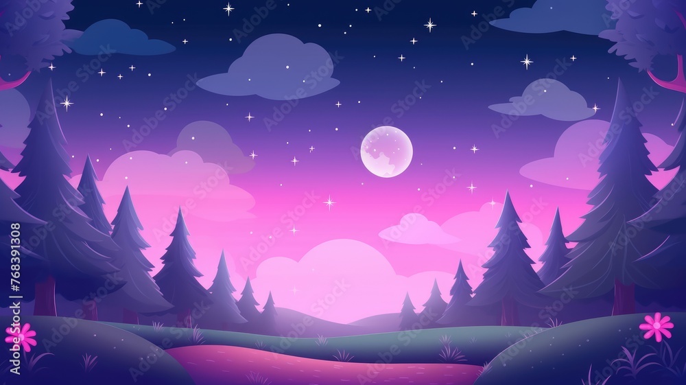Fototapeta premium cartoon night landscape with a glowing moon, stars, and whimsical clouds in purples and pinks