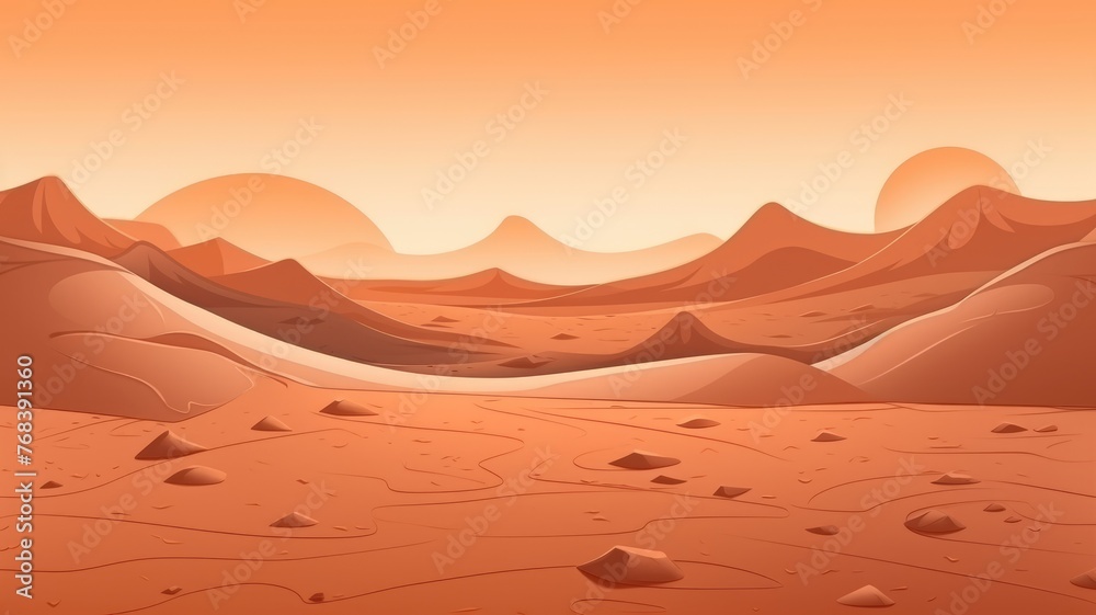 cartoonn desert scene at sunset, with smooth dunes and a warm, tranquil atmosphere