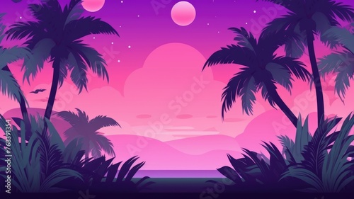 cartoon tropical dusk with silhouetted palm trees under a gradient sky lit by two moons