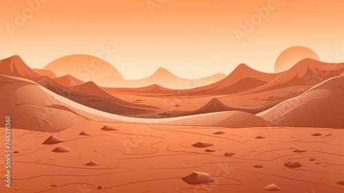 cartoonn desert scene at sunset, with smooth dunes and a warm, tranquil atmosphere photo