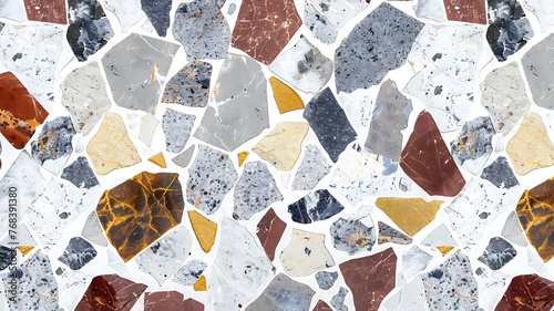 speckled terrazzo tile - Textured material background. Big retro deep red, gray and yellow chips on white base. 