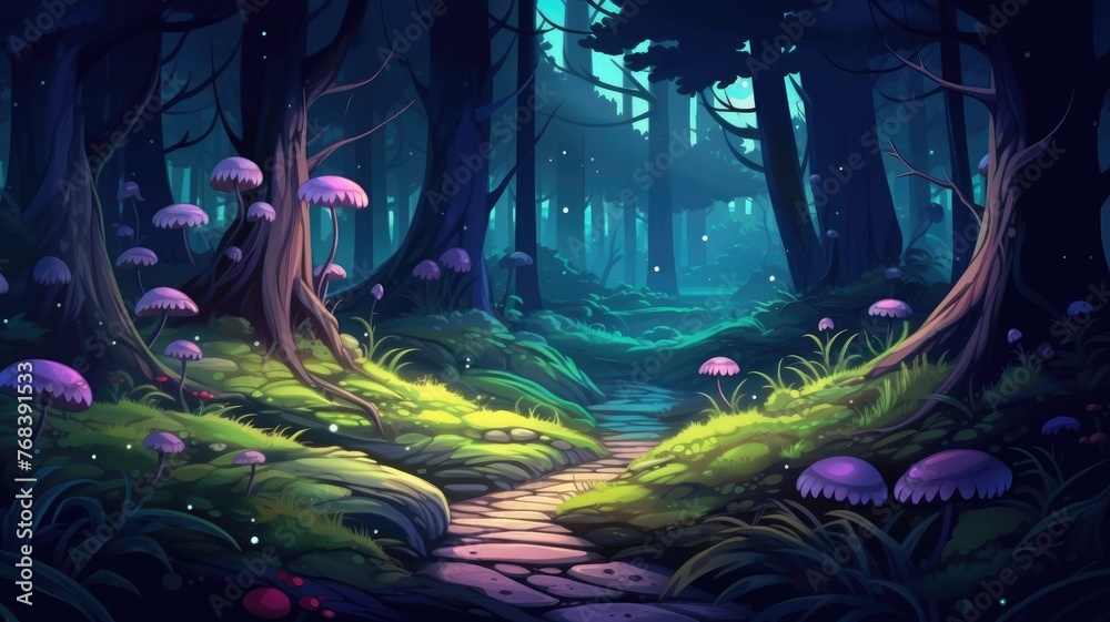 A magical forest cartoon illustration bathed in bioluminescence under a starry sky, blending nature’s beauty with fantasy