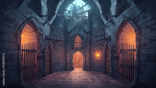 cartoon castle’s interior, aglow with torchlight, reveals towering walls and spiked barriers, creating an ominous yet beautiful