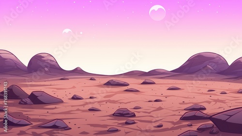 mystical purple landscape under a starry sky  with a glowing full moon over rocky terrain and distant mountains