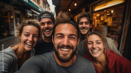 Laughing group of young friends taking a selfie in an urban alley, relaxed and happy atmosphere.