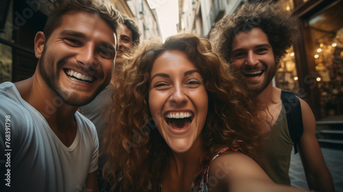 Group of cheerful young adults taking a selfie on a city street, warm lighting, joyful expressions.