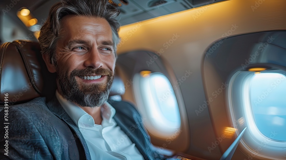 Obraz premium happy businessman is on the plane in first class