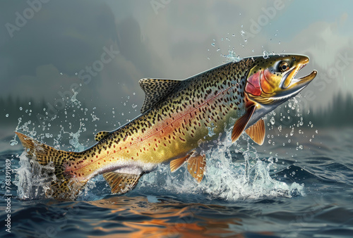 A airbrushed rainbow trout jumping out of the water