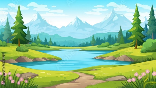 cartoon nature scene with a vibrant landscape, lush greenery, a clear blue stream, and distant mountains under a bright sky