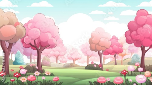 cartoonnwhimsical landscape with vibrant, colorful trees and blooming flowers under a clear sky