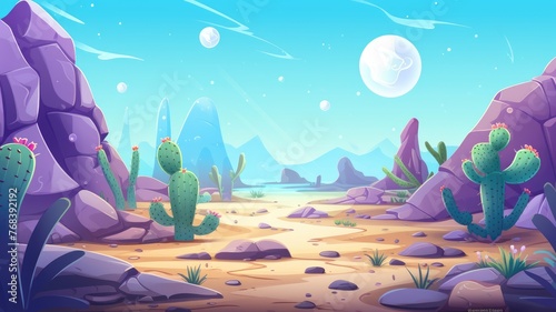 cartoon whimsical desert landscape under a bright moon  with cacti and rocks  evokes serenity and wonder