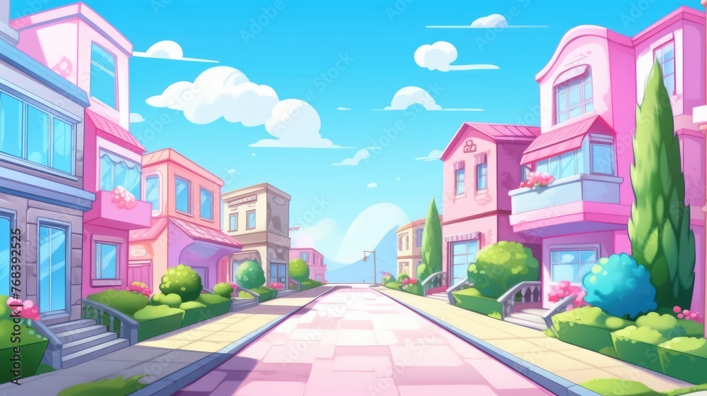 cartoon street scene with whimsical buildings in pastel colors under a sunny sky with fluffy clouds