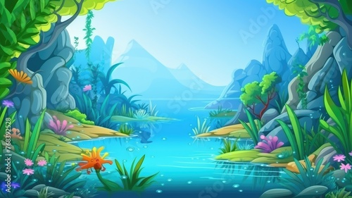 tranquil cartoon landscape with a reflective lake, vibrant greenery, and distant mountains