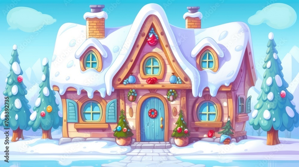 A cozy cottage in a snowy landscape, adorned with flowers, offers a warm cartoon illustration