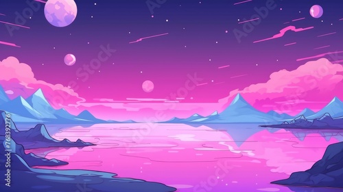 cartoon Alien landscape at dusk with rocky terrain, reflective lake, and moons in a starry sky