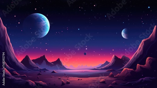 cartoon night scene with icy mountains under a starry sky, reflecting a radiant moon on a pinkish-purple lake