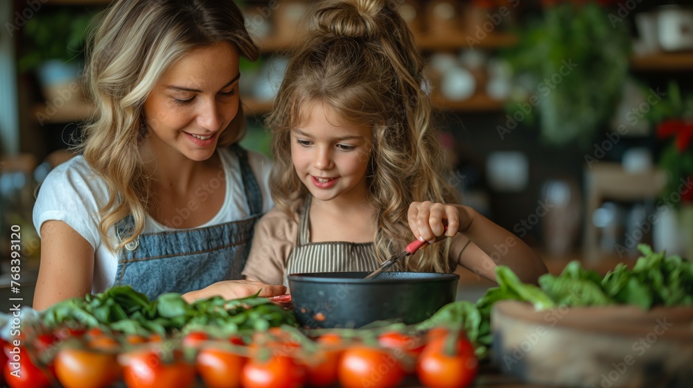 Mother and daughter cooking together in modern kitchen. Overjoyed mom have fun with girl at home, happy young mother teach cook together with daughter in modern kitchen. Cook concept. Family concept. 