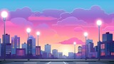 cartoon cityscape at dusk, where sunset hues meet silhouetted urban contours