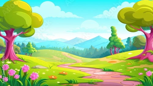 cartoon whimsical landscape with trees  hills  a path  and flowers under a clear sky