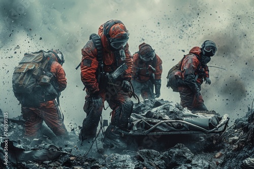 Disaster Response Team in Action: A gripping scene of a rescue operation, featuring personnel in heavy-duty hazard suits navigating through a devastated landscape. Debris and ash fill the air, convey
