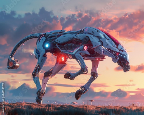 Future Unleashed: A digital illustration of a robotic horse, its design sleek and futuristic, galloping across a field at dusk. The backdrop of a painted sky with hues of pink and blue complements the