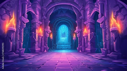 cartoon mystical castle hallway  aglow with torches  leading to an enchanting door