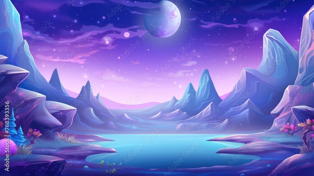 cartoon mesmerizing cosmic landscape with a radiant moon and reflective waters under a starry sk