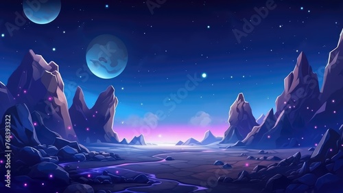 cartoon mesmerizing alien landscape under a starlit sky, highlighted by two glowing moons