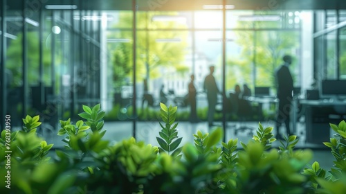 Green  sustainable and environmental office space with daily employee rush. Modern and nature friendly startup business with ESG standards and care for worker wellness and healthy environment