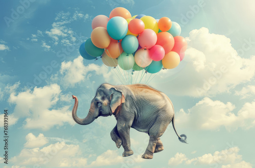 A cute elephant is flying in the sky with colorful balloons