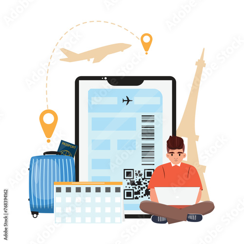Man Organizing Trip Details. Man planning a trip to France, Paris. Big cellphone, calendar, pass on the background
