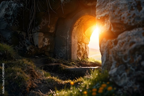 The Resurrection of Jesus Christ: Dramatic Lighting in an Empty Stone Tomb. Concept Easter Story, Religious Themes, Biblical Scenes, Spiritual Symbolism
